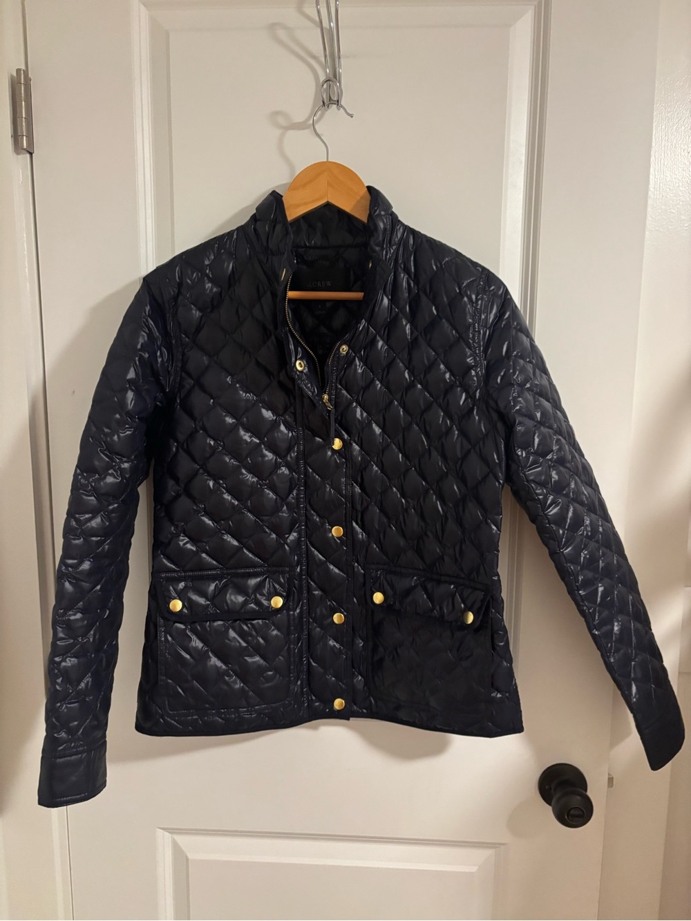 J. CREW Navy Blue Shiny Quilted Down Puffer Jacket Coat Size Small - Picture 5 of 11